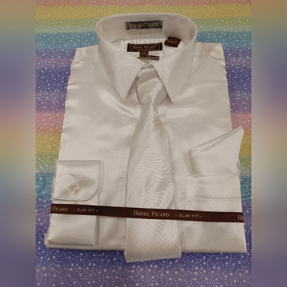 HENRI PICARD MENS WHITE SATIN COMBO SLIM FIT SHIRT. S100.